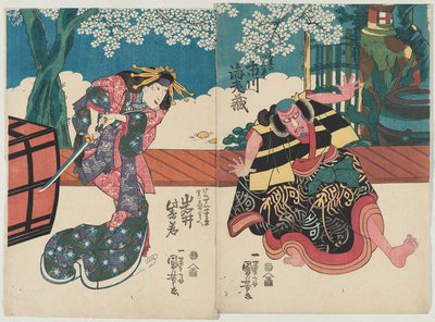 Schauspieler Ichikawa Ebizo V als Ubara no Tagohei und Iwai Shijaku I als Kurtisane Keisei Sugawara, eigentlich Jitsu wa Kiku no mae von Utagawa Kuniyoshi